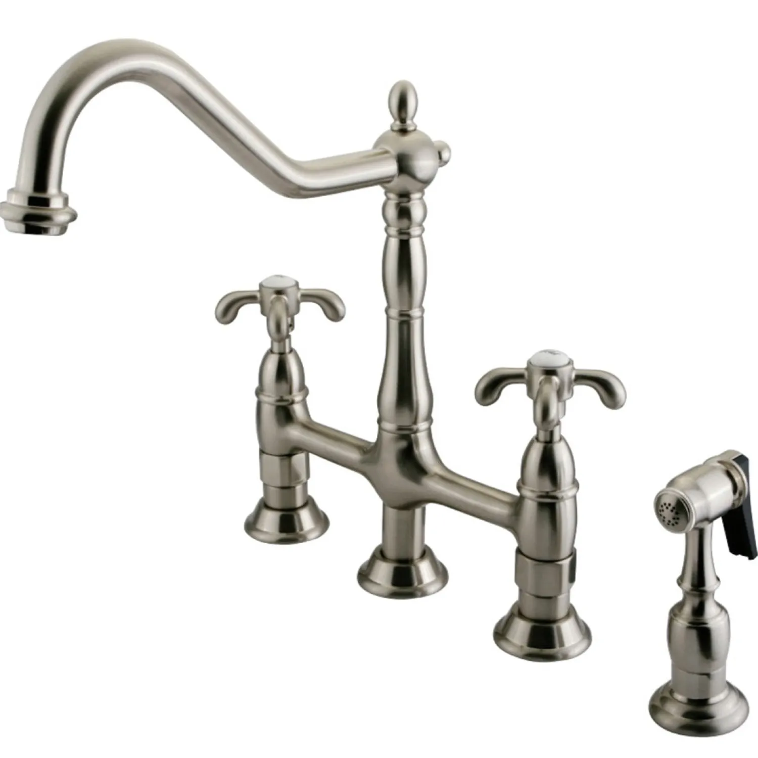 Outlet French Country Kitchen Bridge Faucet with Brass Sprayer Bridge Faucets