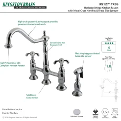 Outlet French Country Kitchen Bridge Faucet with Brass Sprayer Bridge Faucets
