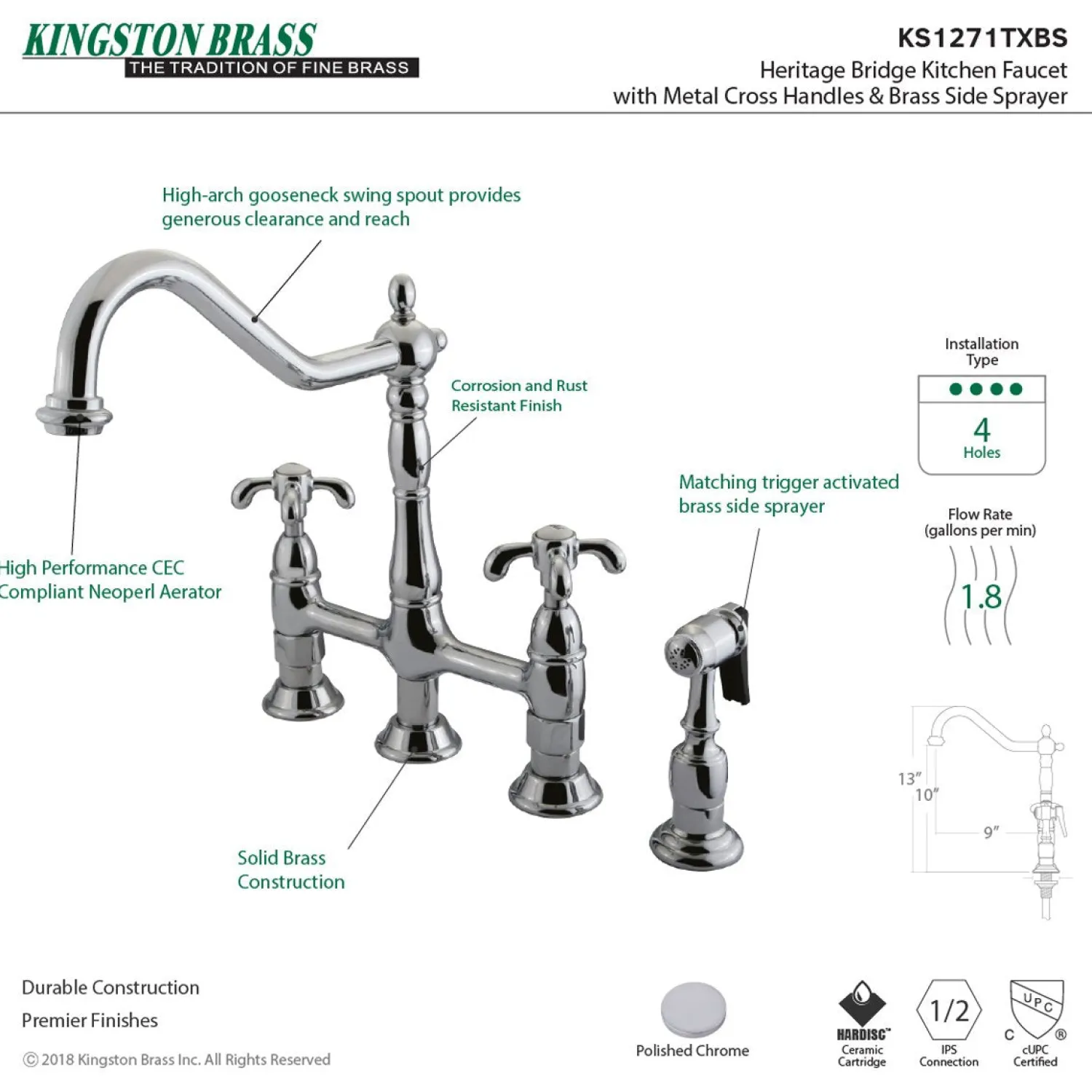 Outlet French Country Kitchen Bridge Faucet with Brass Sprayer Bridge Faucets