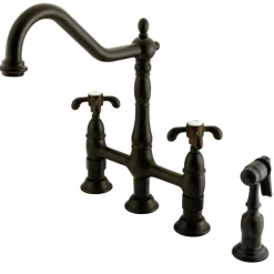 Outlet French Country Kitchen Bridge Faucet with Brass Sprayer Bridge Faucets