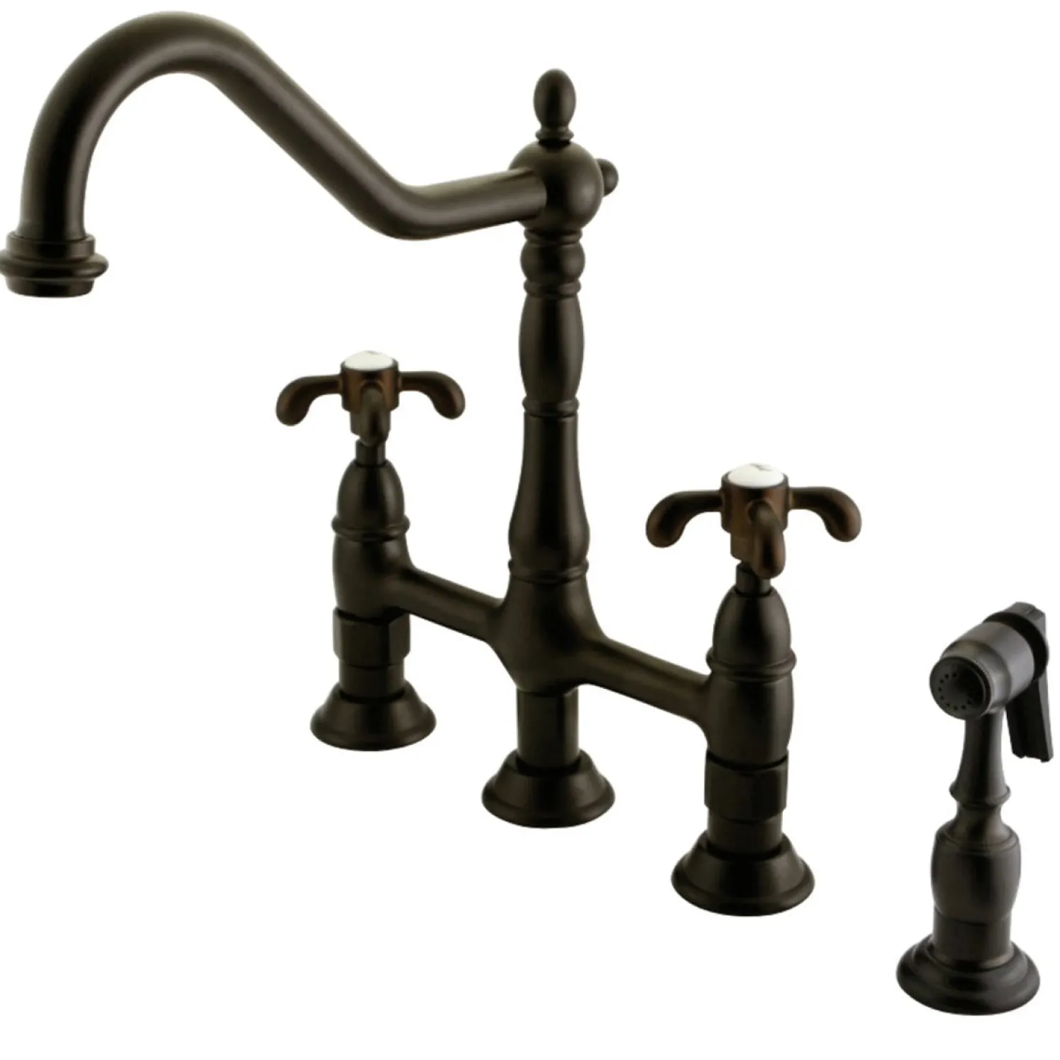 Outlet French Country Kitchen Bridge Faucet with Brass Sprayer Bridge Faucets