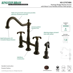 Outlet French Country Kitchen Bridge Faucet with Brass Sprayer Bridge Faucets