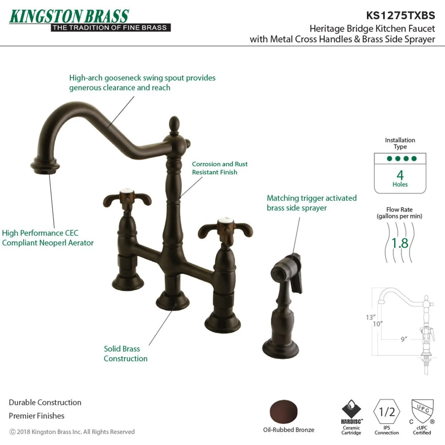 Outlet French Country Kitchen Bridge Faucet with Brass Sprayer Bridge Faucets