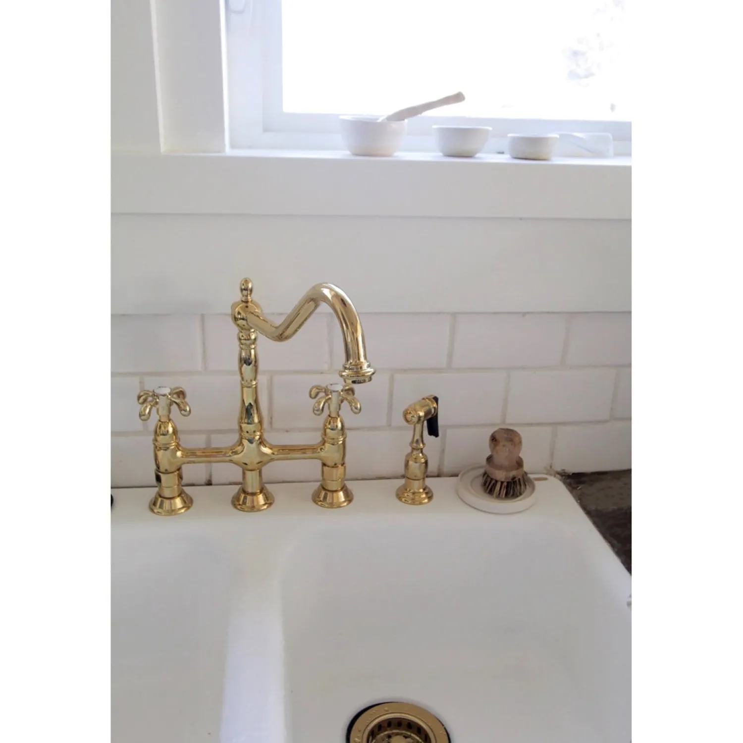 Outlet French Country Kitchen Bridge Faucet with Brass Sprayer Bridge Faucets