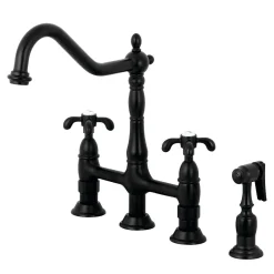 Outlet French Country Kitchen Bridge Faucet with Brass Sprayer Bridge Faucets