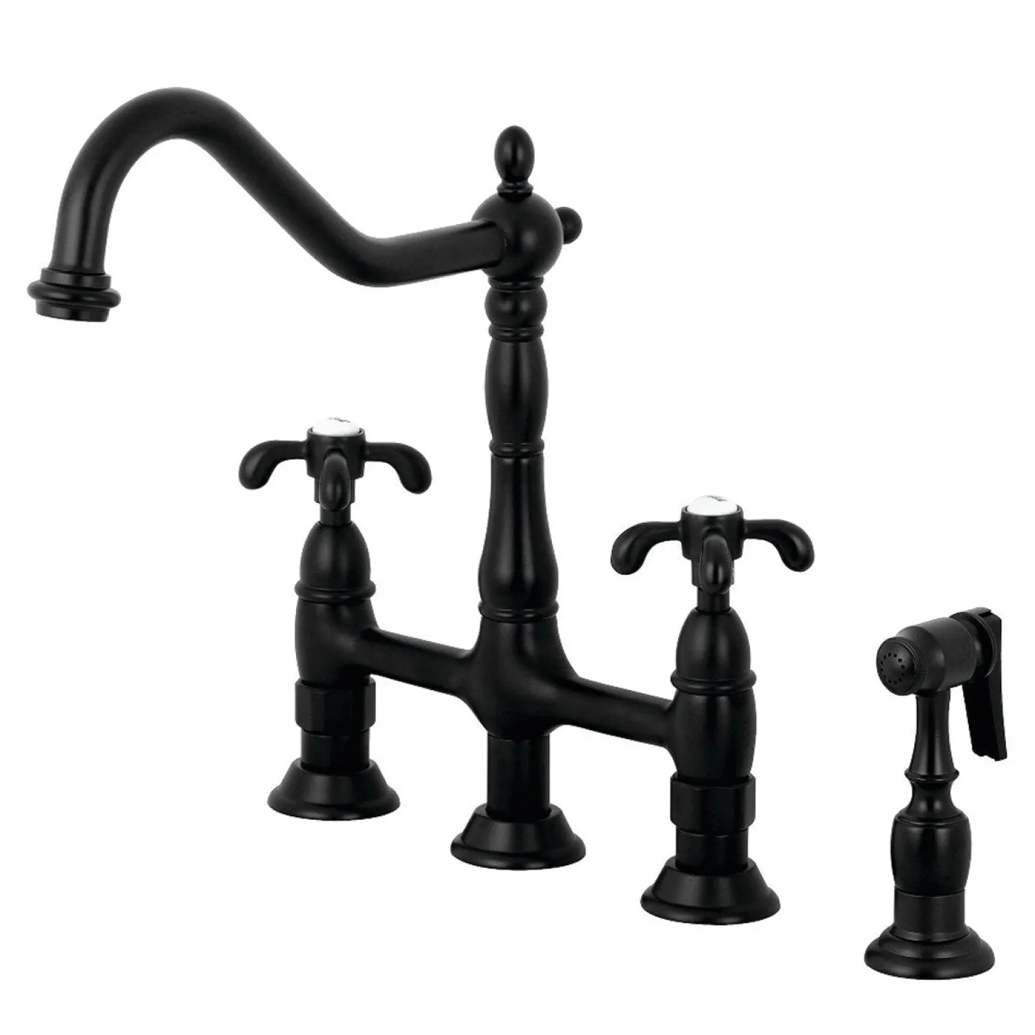 Outlet French Country Kitchen Bridge Faucet with Brass Sprayer Bridge Faucets