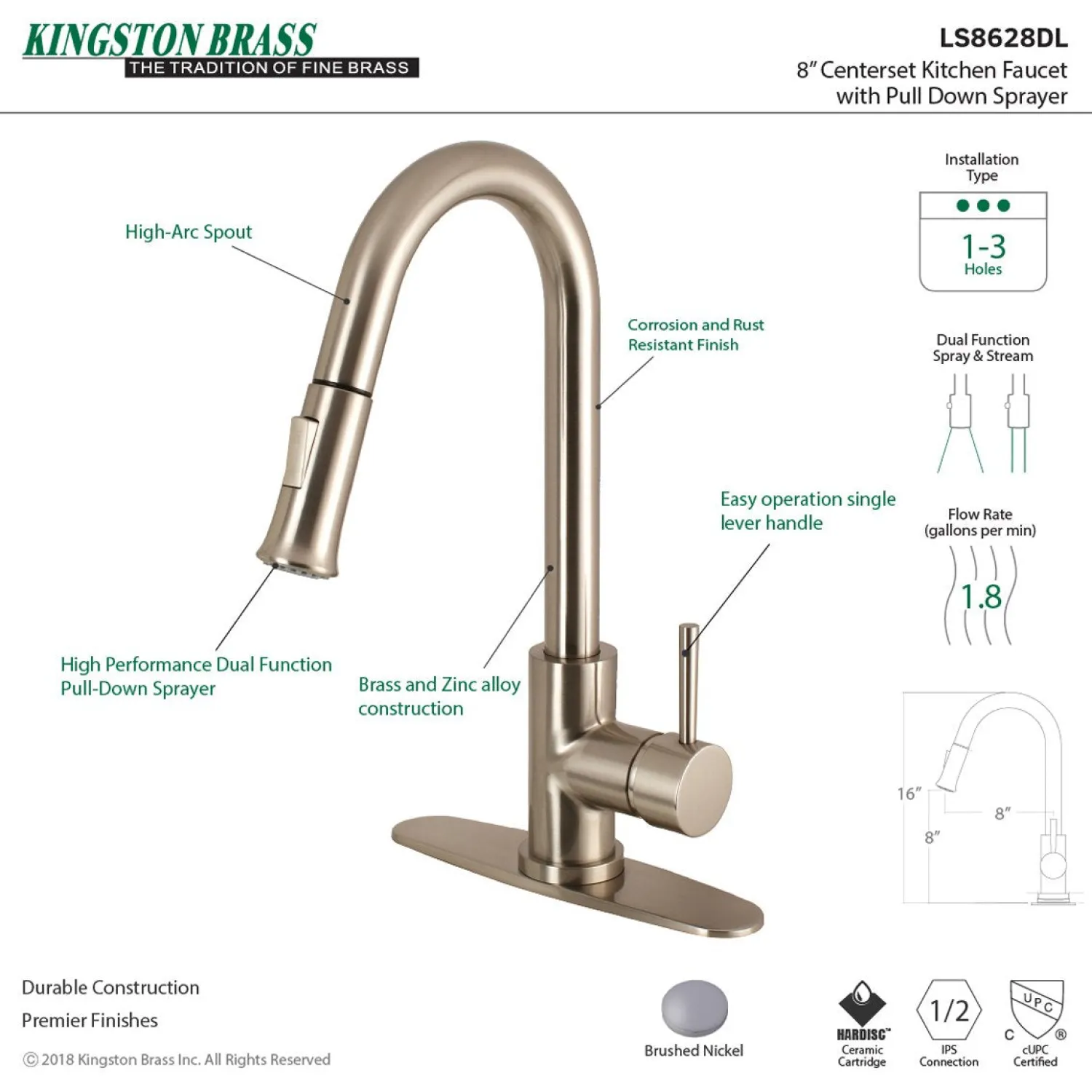 Sale Gourmetier Concord Single-Handle Kitchen Faucet with Pull-Down Sprayer Single Hole