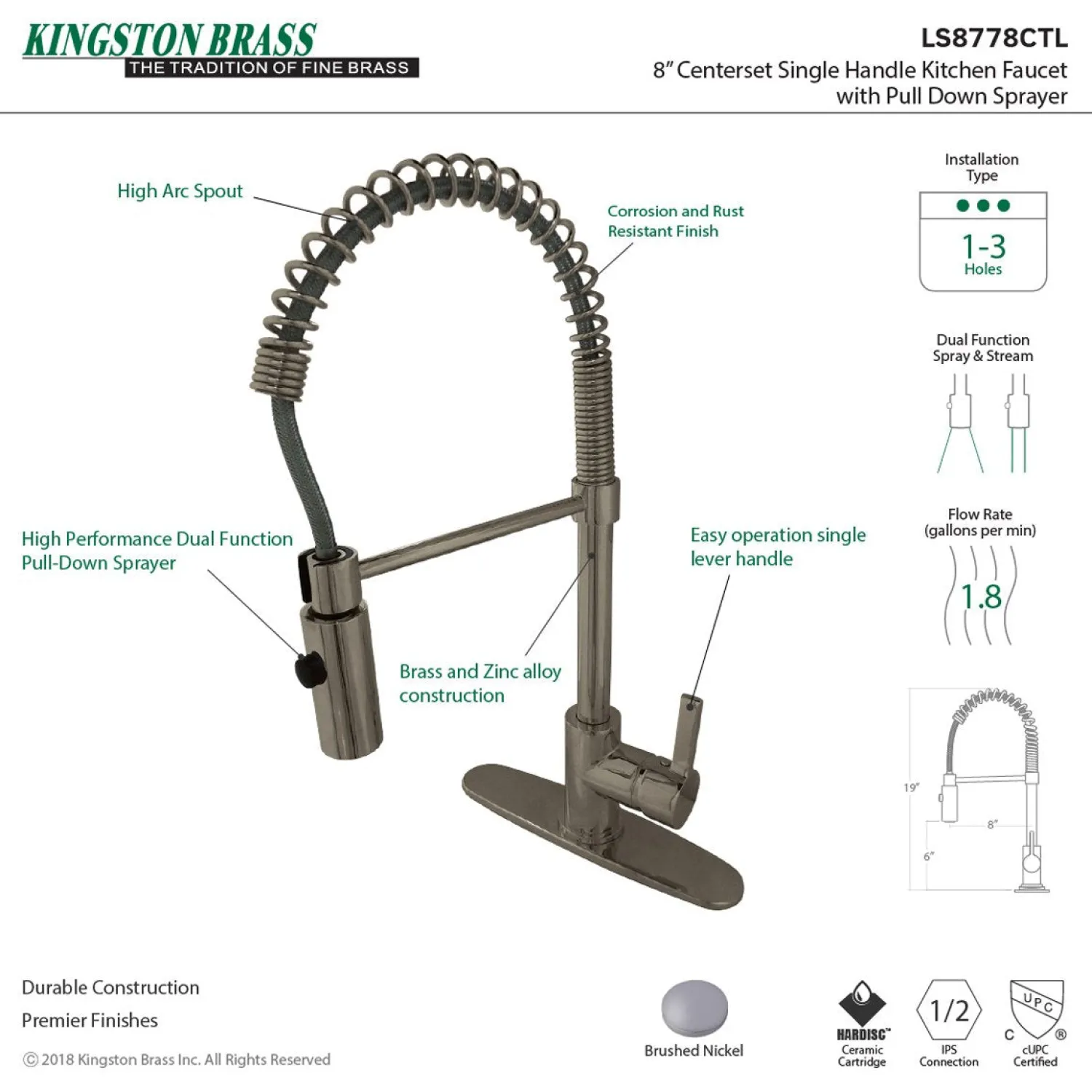 Gourmetier Continental Single-Hole Single-Handle Pre-Rinse Kitchen Faucet Single Hole|Commercial Style Faucets