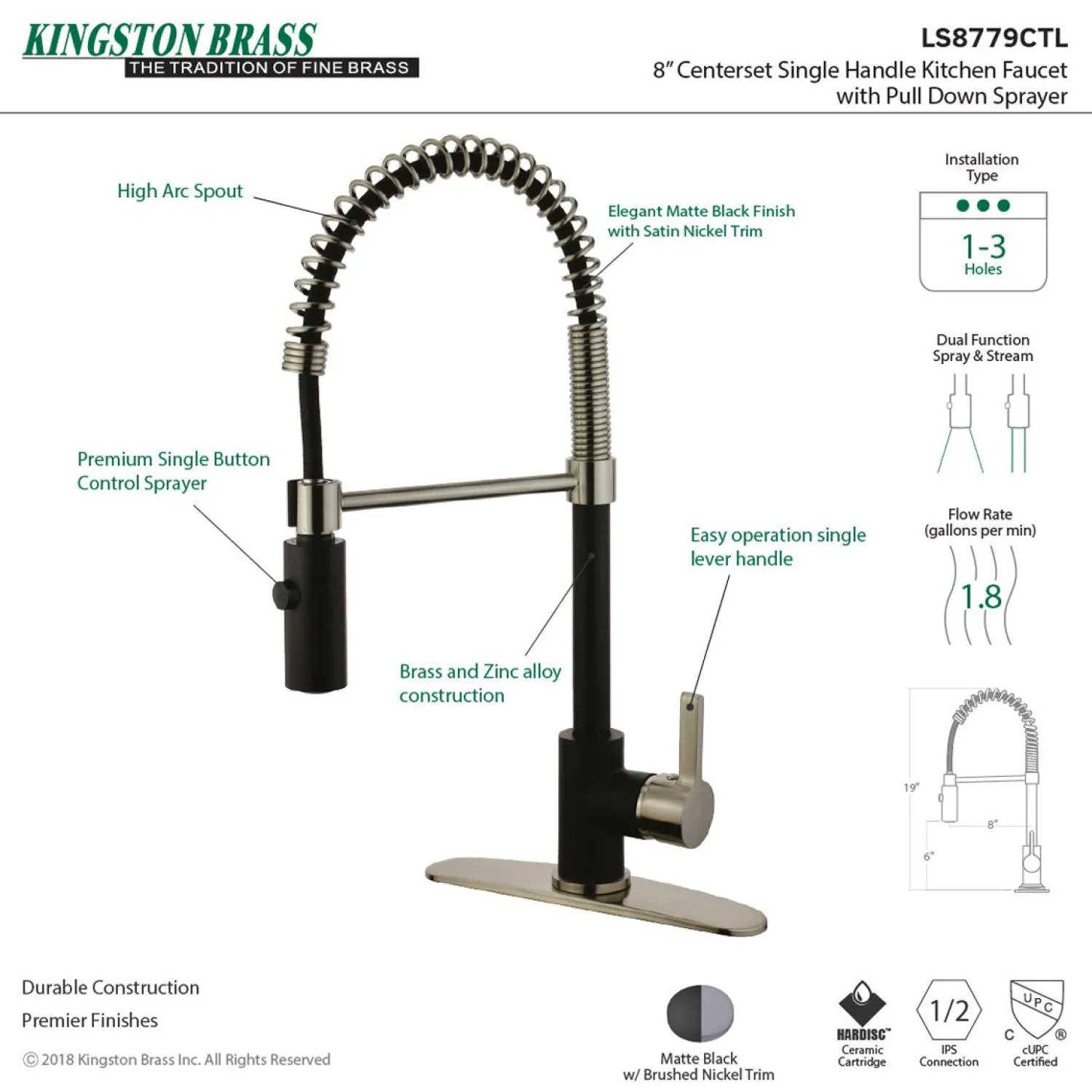 Gourmetier Continental Single-Hole Single-Handle Pre-Rinse Kitchen Faucet Single Hole|Commercial Style Faucets