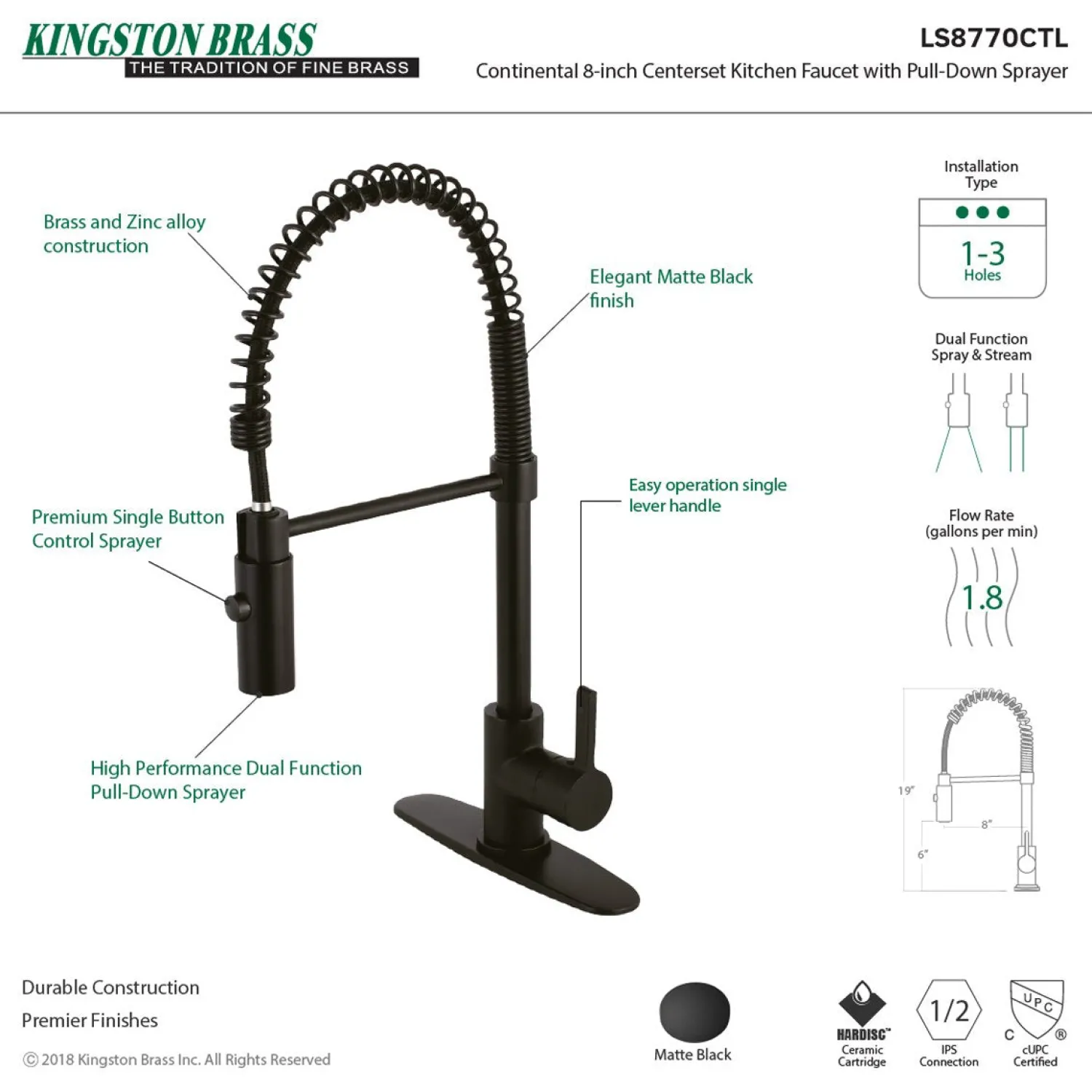 Gourmetier Continental Single-Hole Single-Handle Pre-Rinse Kitchen Faucet Single Hole|Commercial Style Faucets