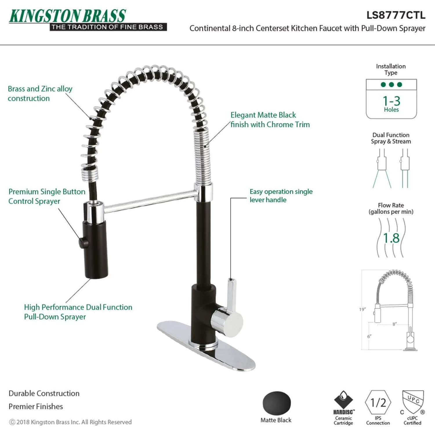 Gourmetier Continental Single-Hole Single-Handle Pre-Rinse Kitchen Faucet Single Hole|Commercial Style Faucets