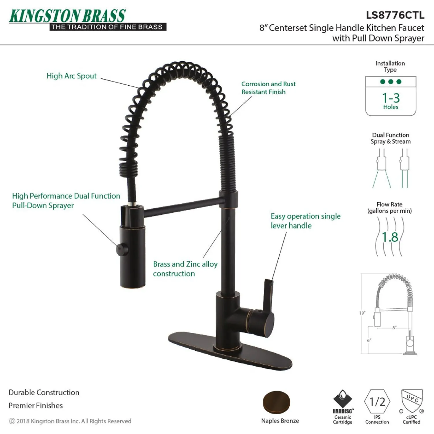 Gourmetier Continental Single-Hole Single-Handle Pre-Rinse Kitchen Faucet Single Hole|Commercial Style Faucets