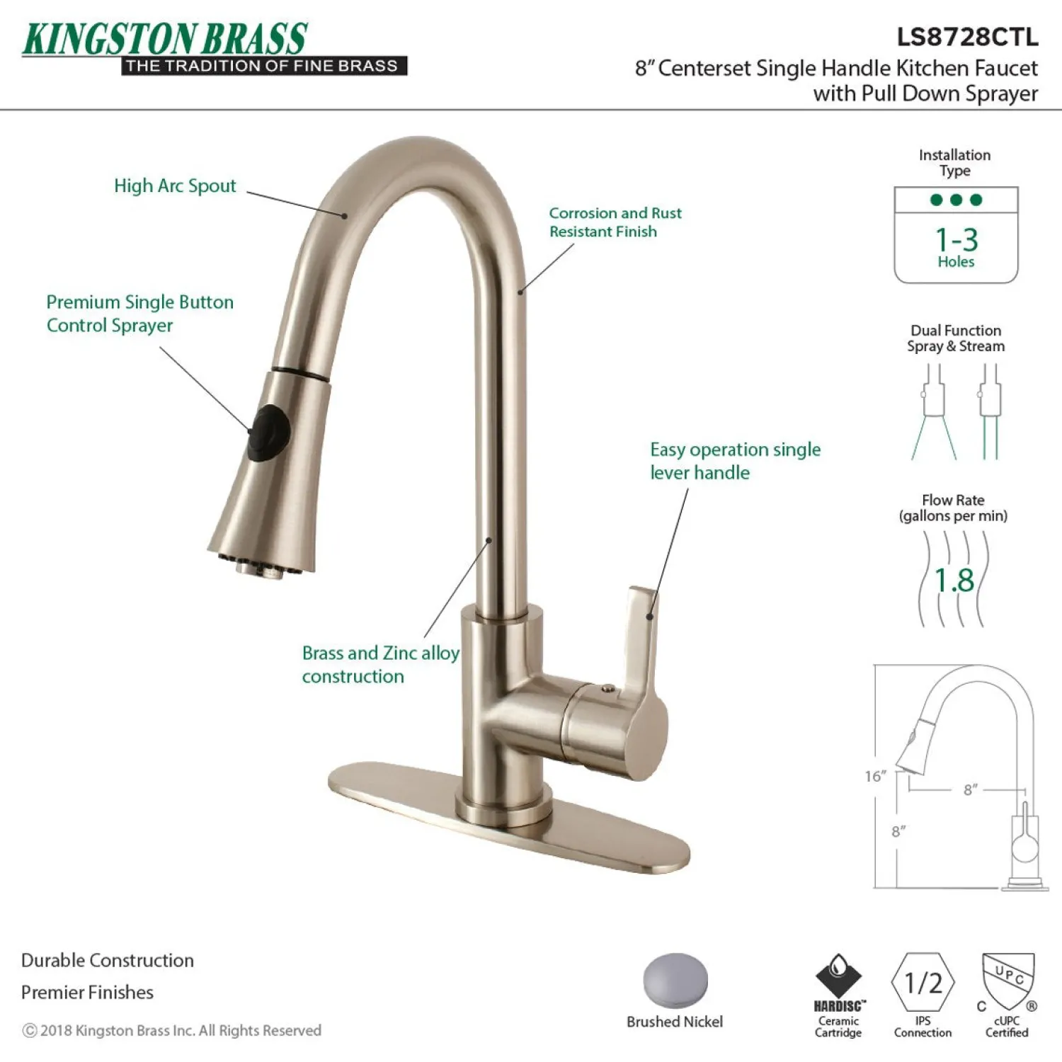 Clearance Gourmetier Continental Deck Mount Single-Handle Pull-Down Kitchen Faucet Single Hole