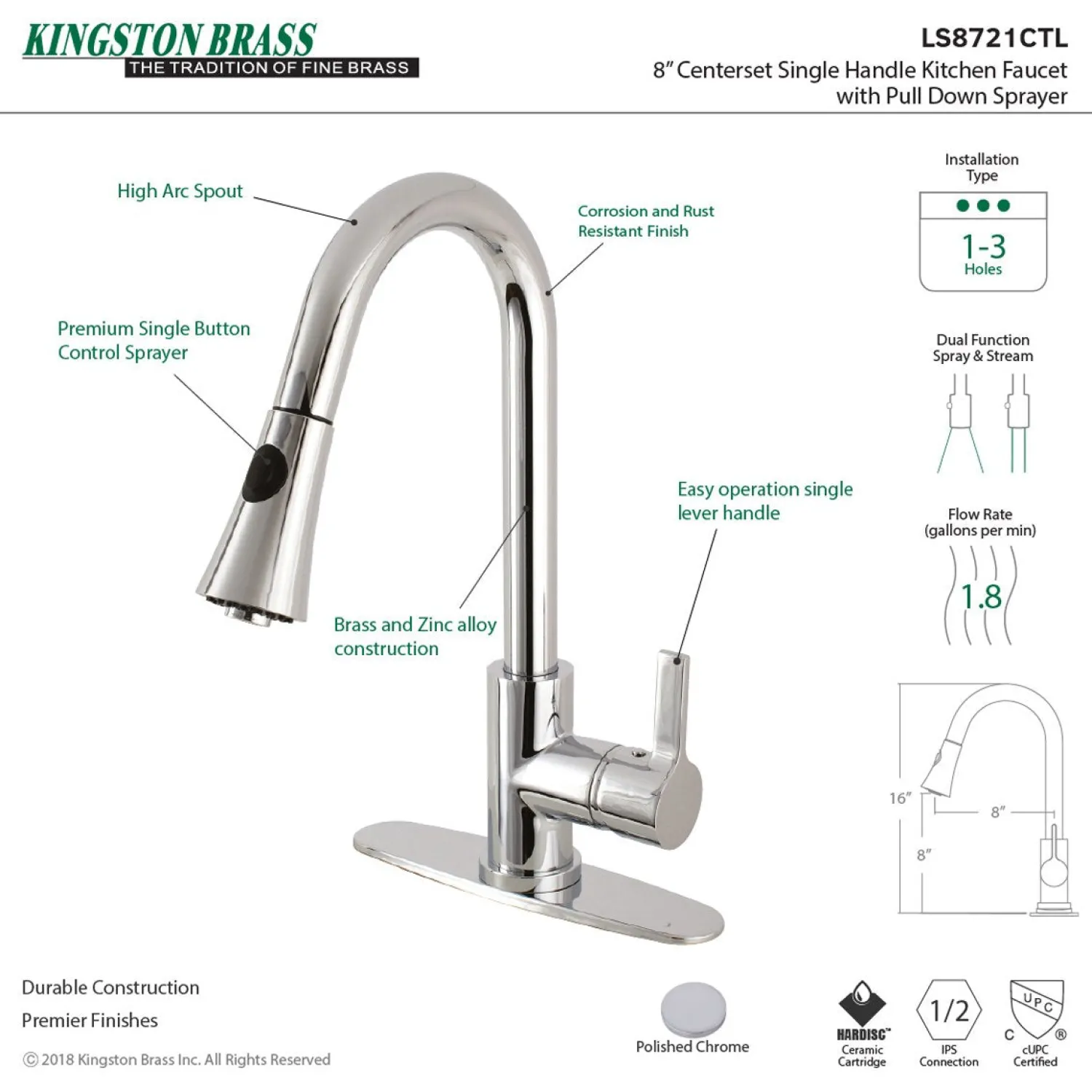 Clearance Gourmetier Continental Deck Mount Single-Handle Pull-Down Kitchen Faucet Single Hole