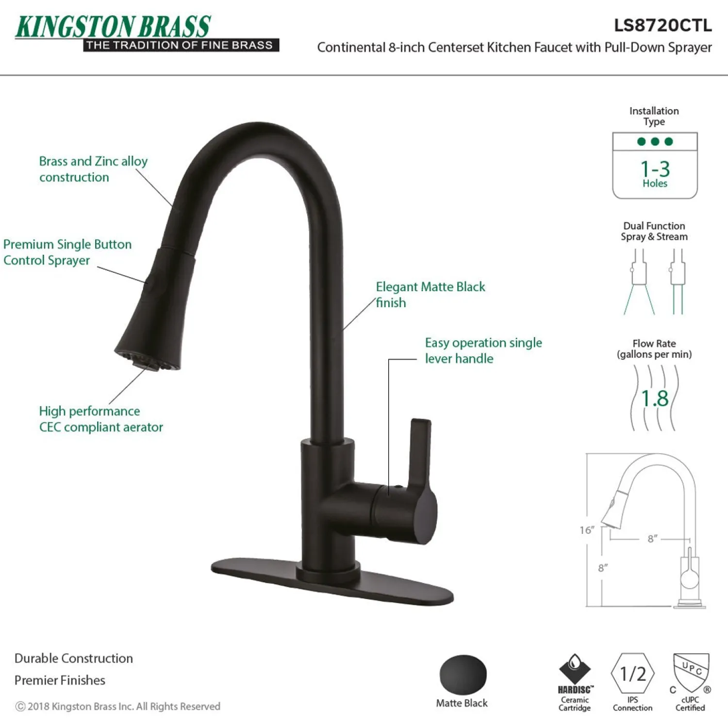 Clearance Gourmetier Continental Deck Mount Single-Handle Pull-Down Kitchen Faucet Single Hole