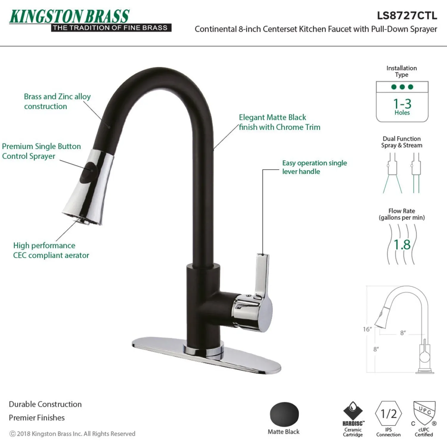 Clearance Gourmetier Continental Deck Mount Single-Handle Pull-Down Kitchen Faucet Single Hole