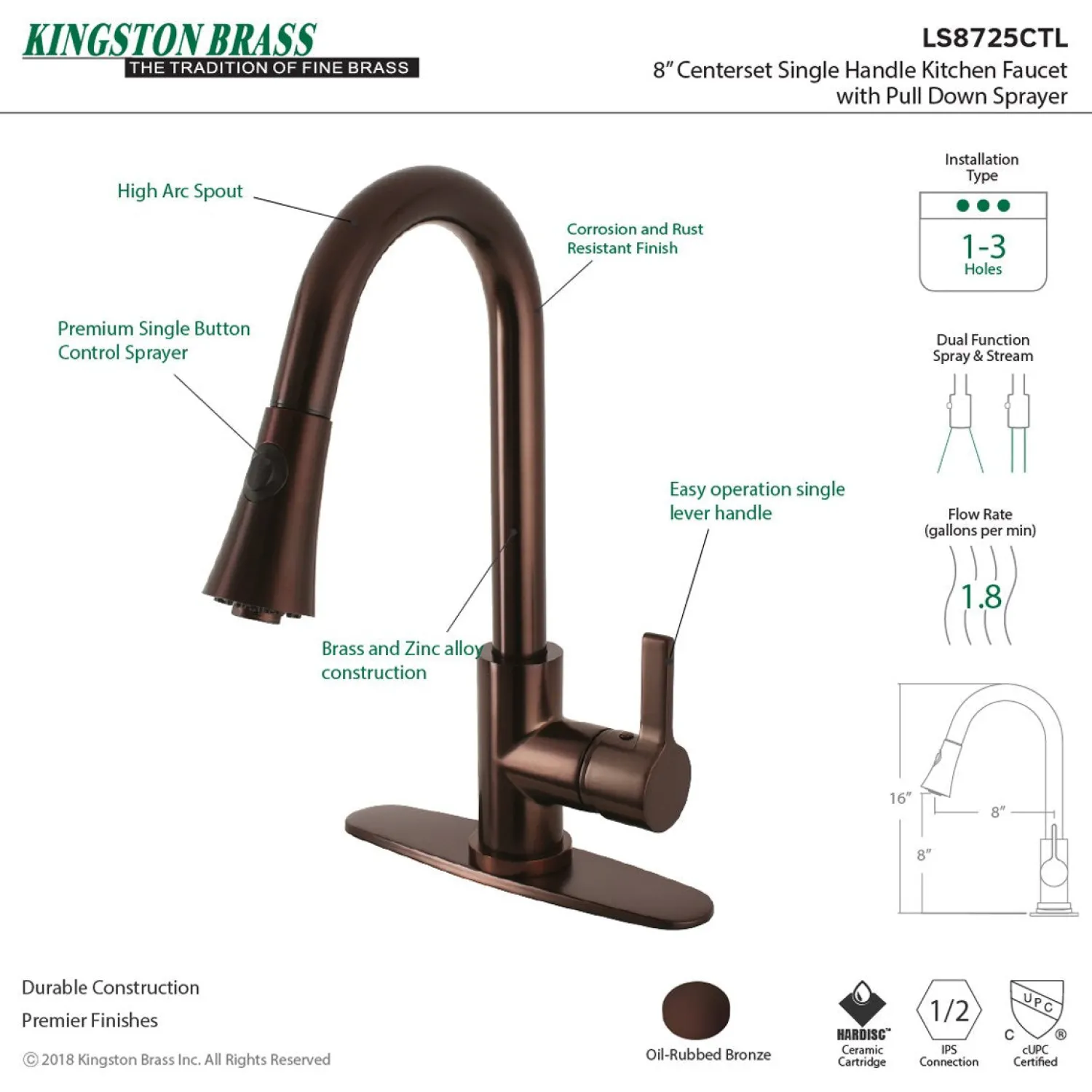 Clearance Gourmetier Continental Deck Mount Single-Handle Pull-Down Kitchen Faucet Single Hole
