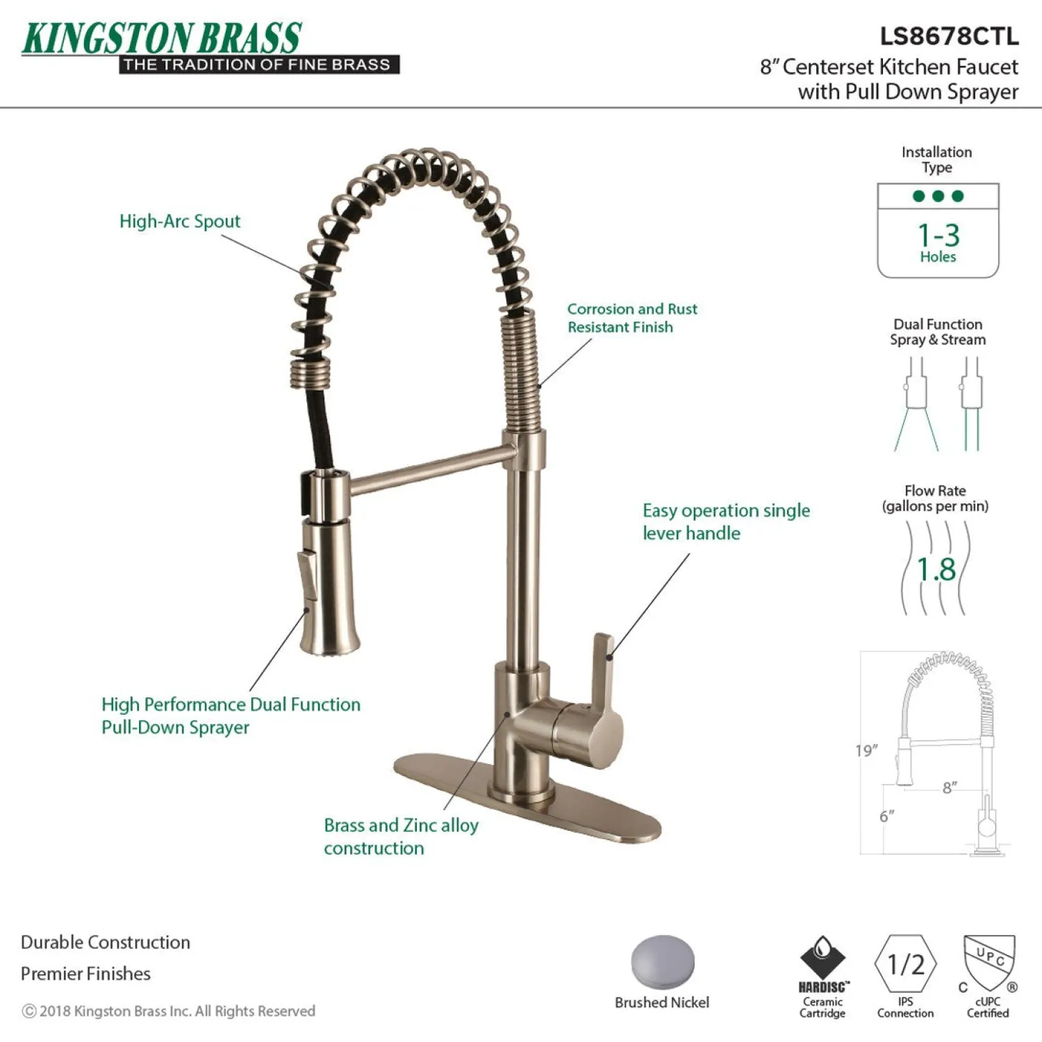 Online Gourmetier Continental Single-Handle Pull-Down Kitchen Faucet Single Hole