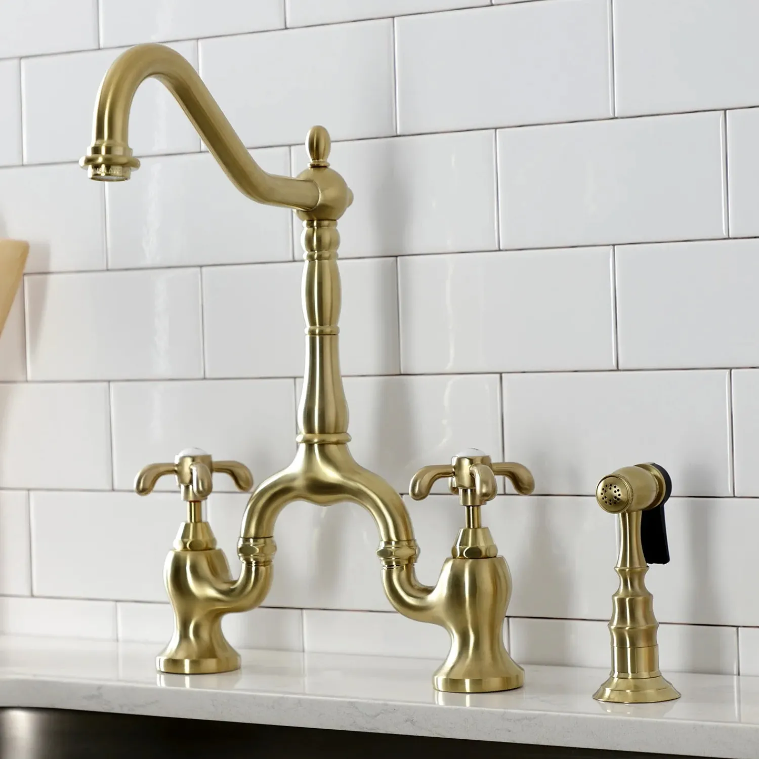 Hot Heirloom French Country Two-Handle 3-Hole Deck Mount Bridge Kitchen Faucet with Brass Sprayer Faucets With Side Spray|Bridge Faucets