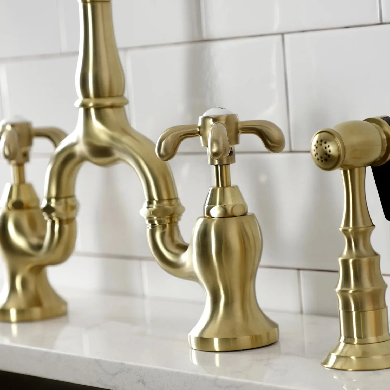 Hot Heirloom French Country Two-Handle 3-Hole Deck Mount Bridge Kitchen Faucet with Brass Sprayer Faucets With Side Spray|Bridge Faucets
