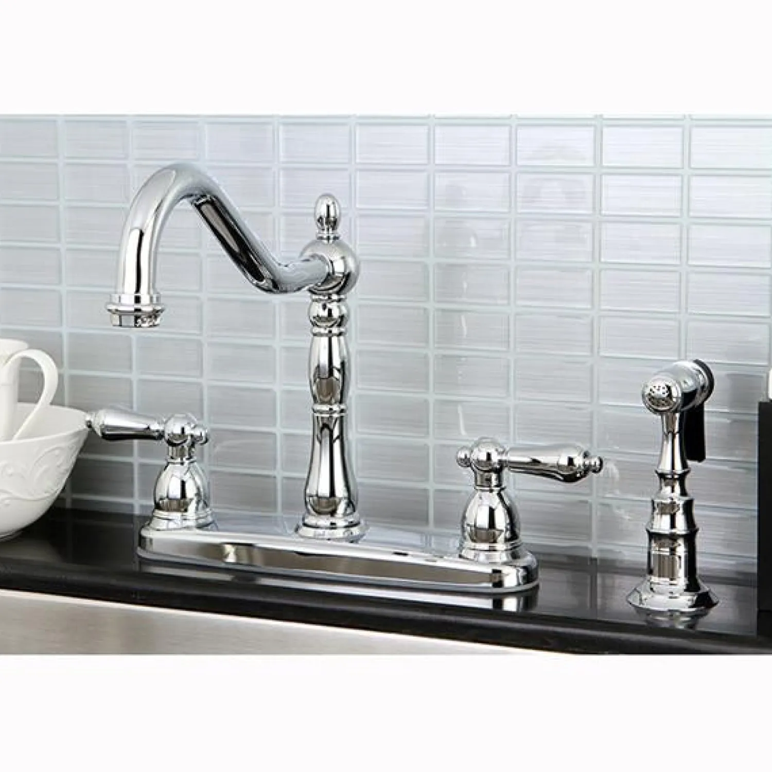 Hot Heritage 8" Center Kitchen Faucet with Brass Sprayer Widespread Kitchen Faucets|Faucets With Side Spray