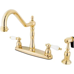 Hot Heritage 8" Center Kitchen Faucet with Brass Sprayer and Porcelain Lever Handle Widespread Kitchen Faucets|Faucets With Side Spray