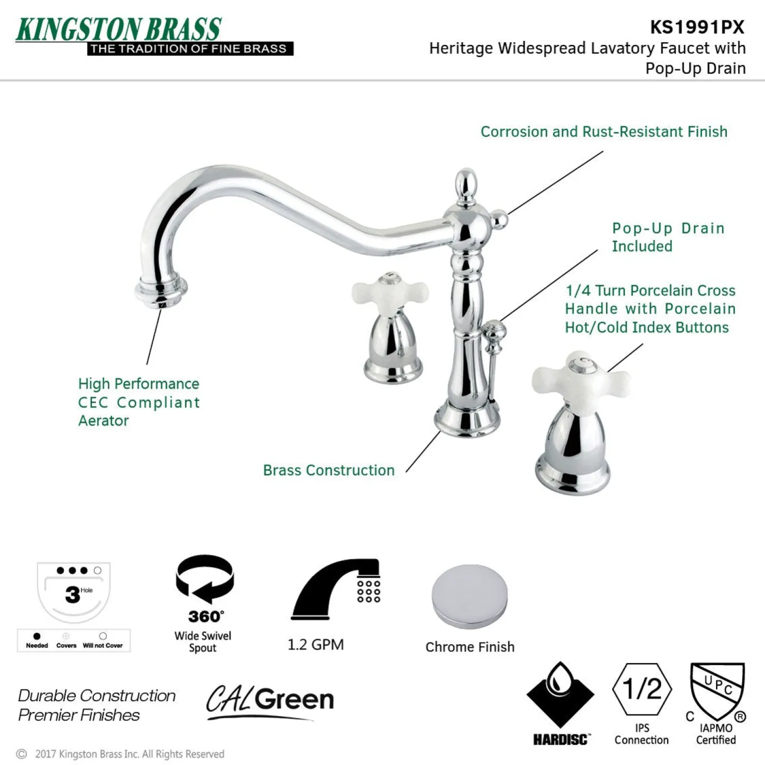 Discount Heritage Cross-Handle 3-Hole 8-Inch Widespread Bathroom Faucet 8" Widespread