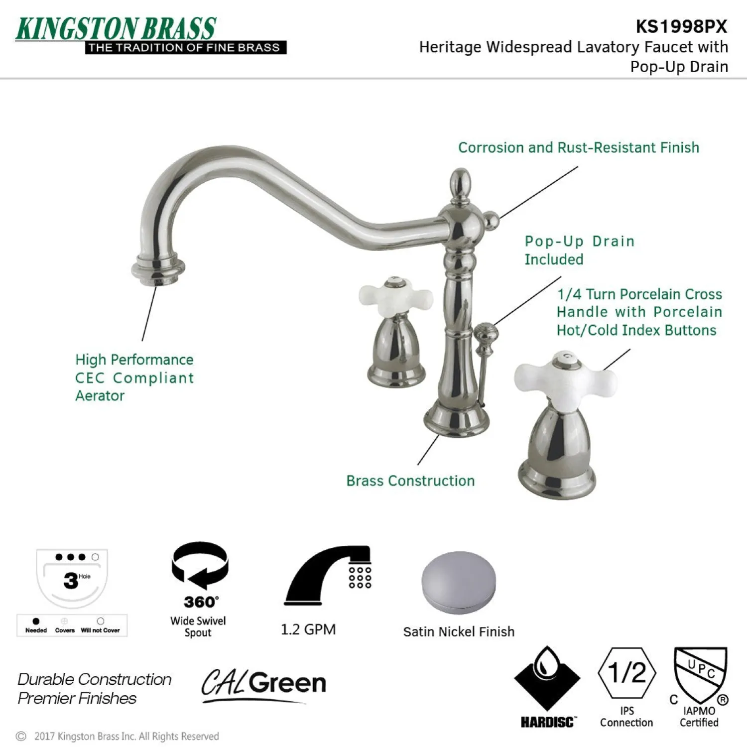 Discount Heritage Cross-Handle 3-Hole 8-Inch Widespread Bathroom Faucet 8" Widespread