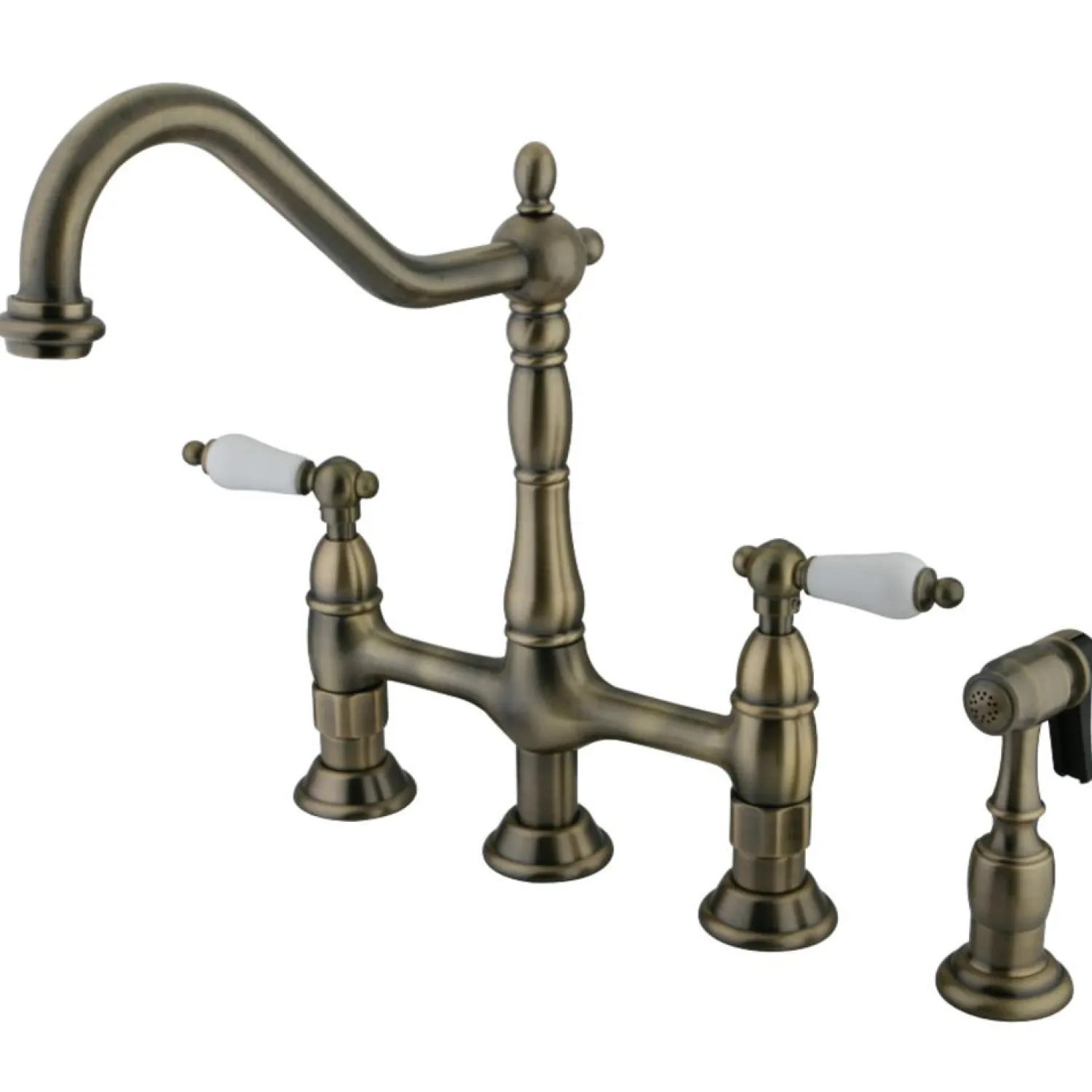 Hot Heritage Deck Mount 8-Inch Bridge Kitchen Faucet with Brass Sprayer Bridge Faucets