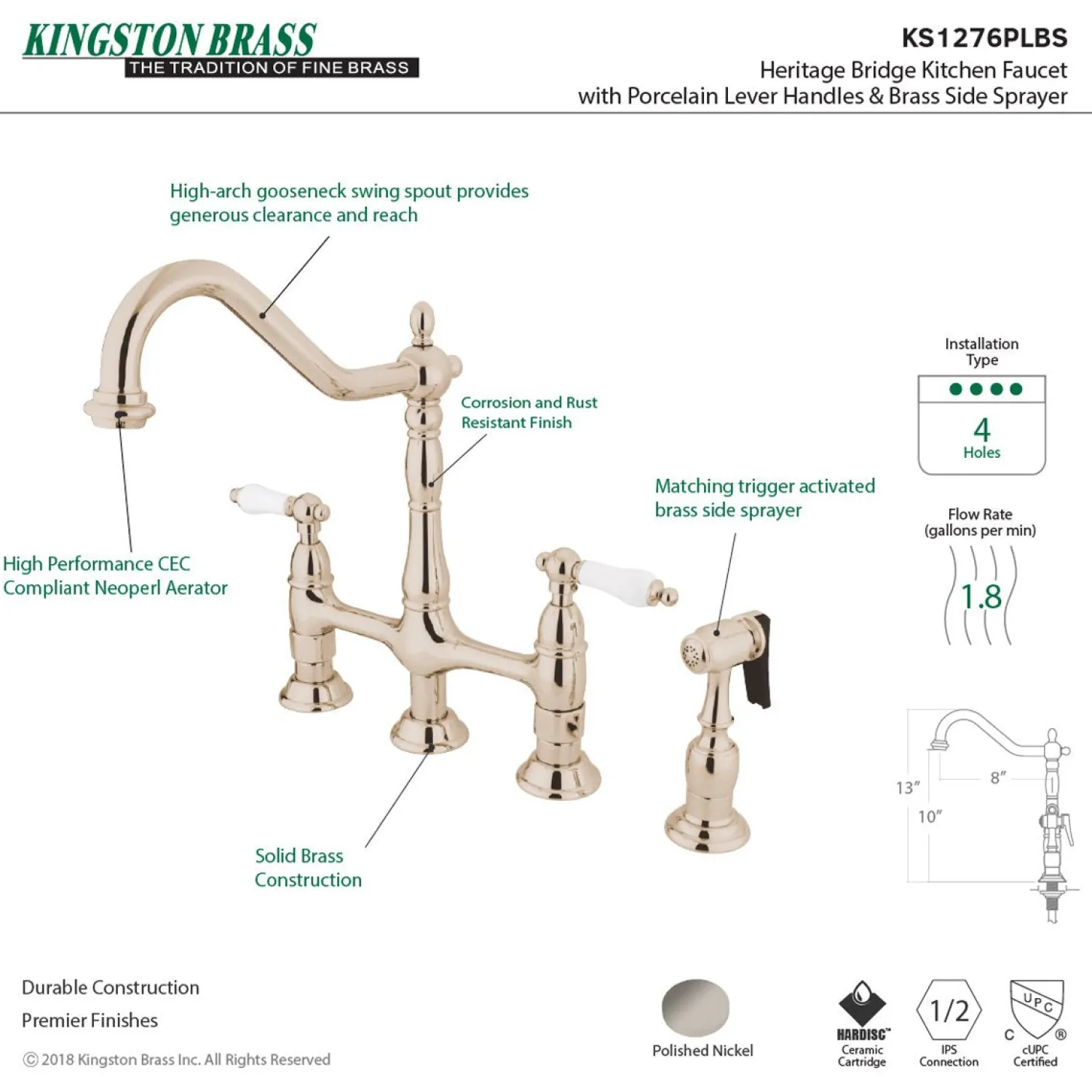 Hot Heritage Deck Mount 8-Inch Bridge Kitchen Faucet with Brass Sprayer Bridge Faucets