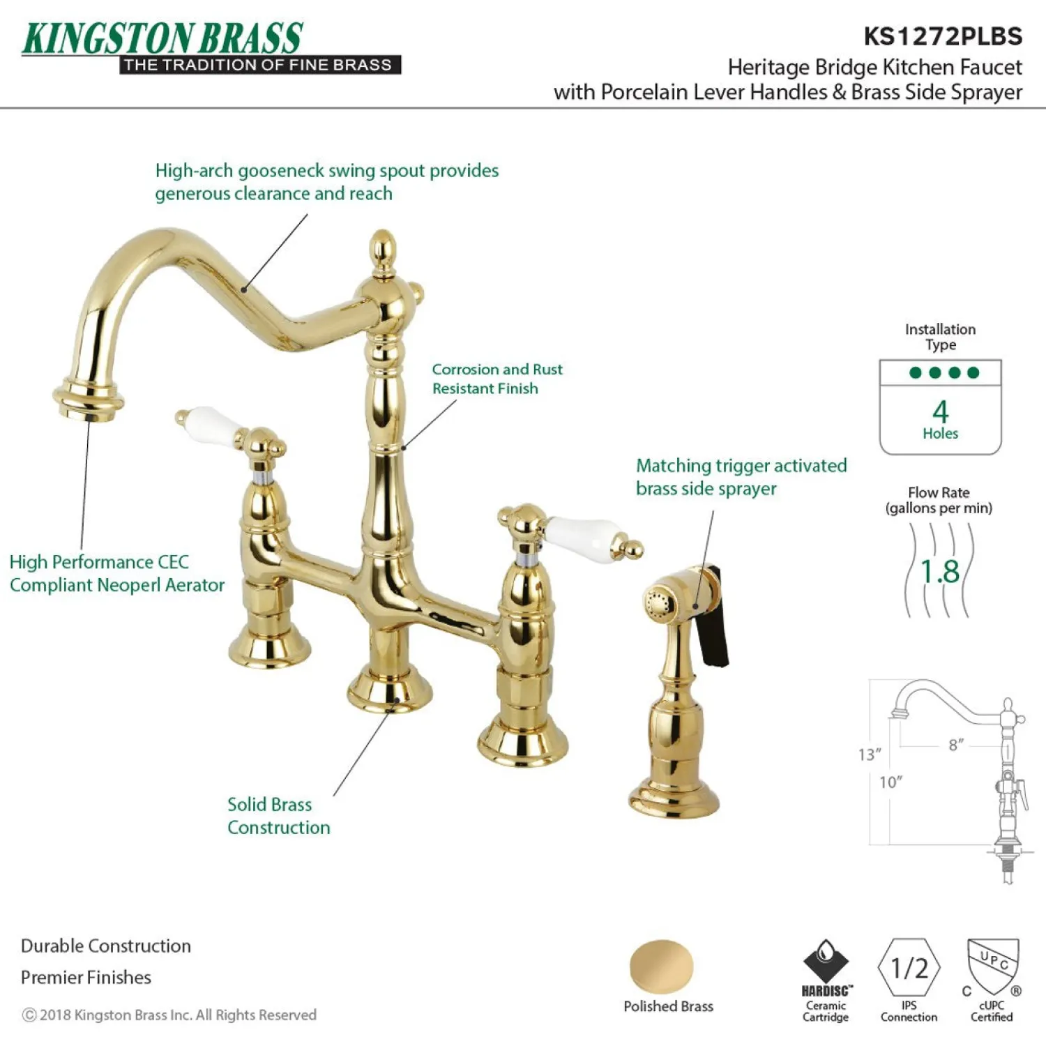 Hot Heritage Deck Mount 8-Inch Bridge Kitchen Faucet with Brass Sprayer Bridge Faucets