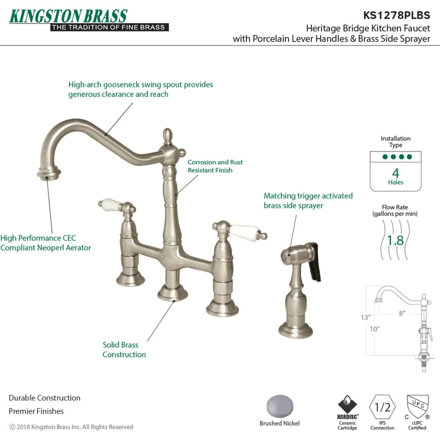 Hot Heritage Deck Mount 8-Inch Bridge Kitchen Faucet with Brass Sprayer Bridge Faucets