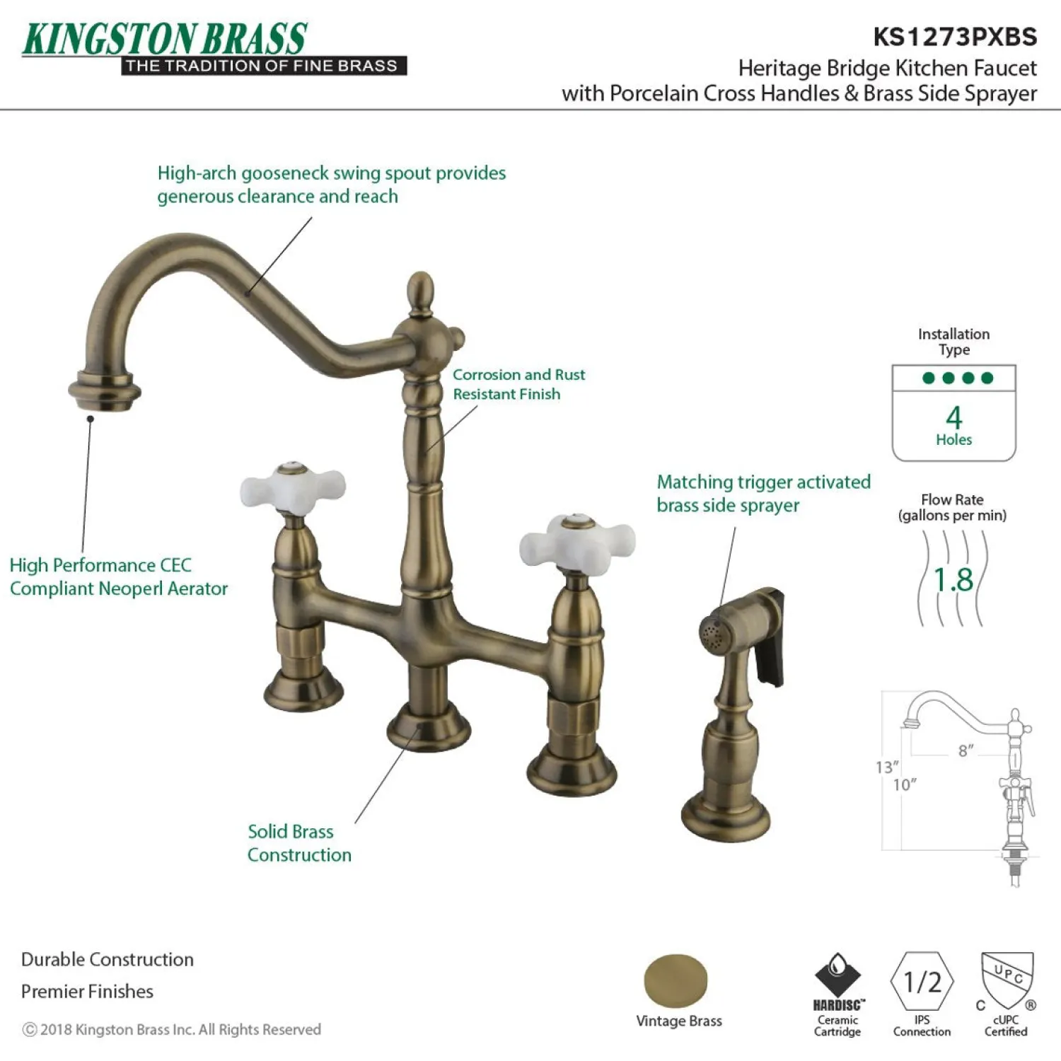 New Heritage Deck Mount 8" Bridge Kitchen Faucet with Brass Sprayer Bridge Faucets