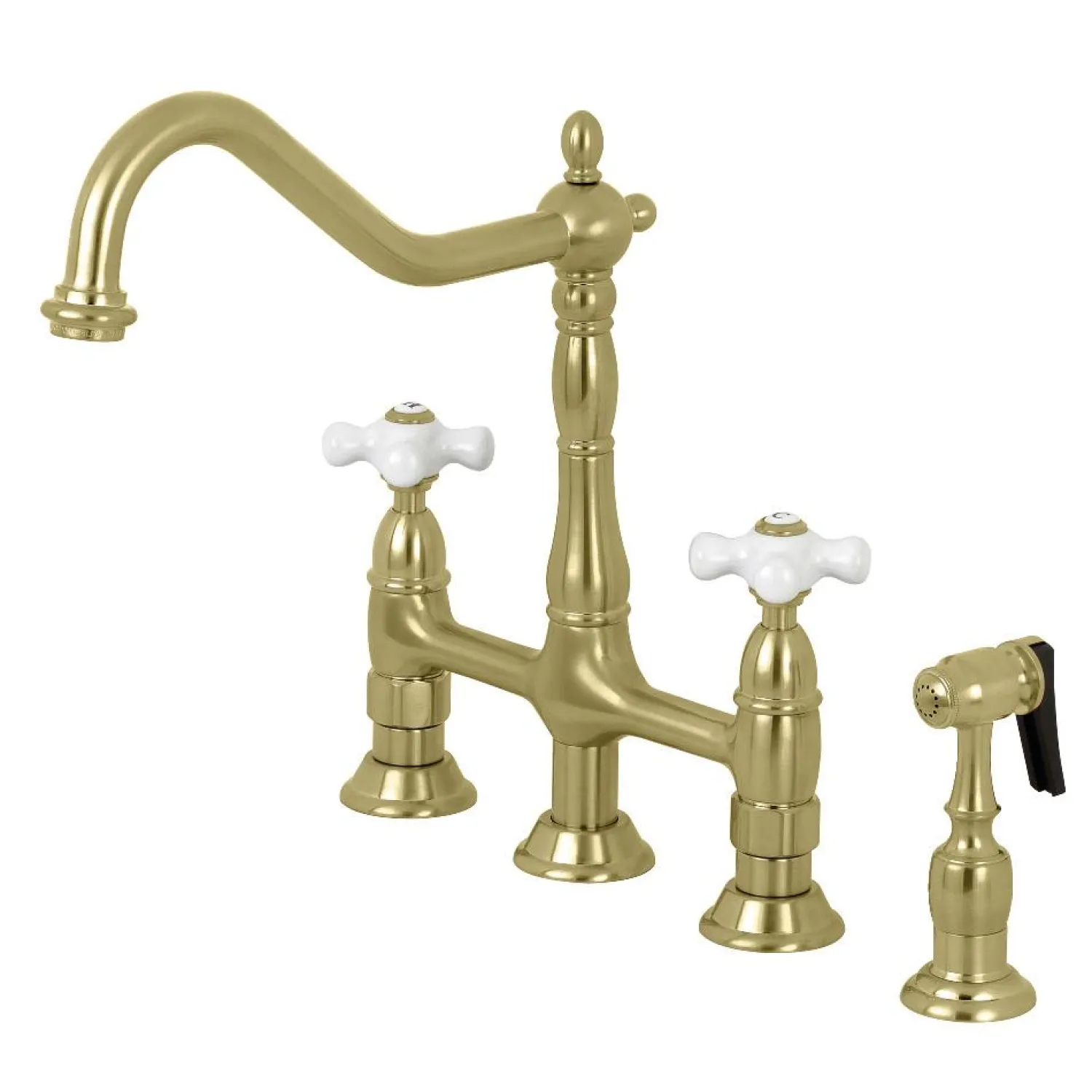 New Heritage Deck Mount 8" Bridge Kitchen Faucet with Brass Sprayer Bridge Faucets