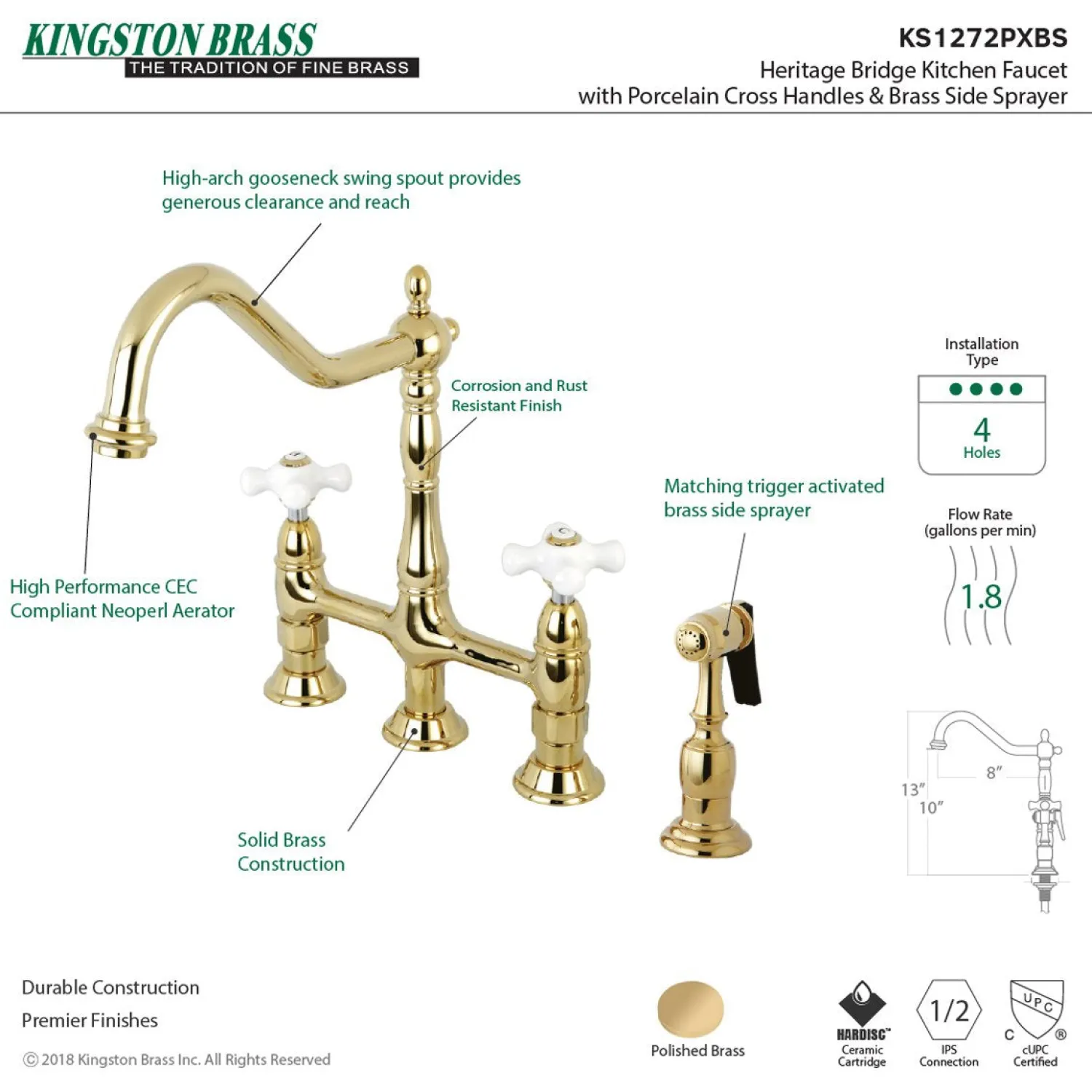 New Heritage Deck Mount 8" Bridge Kitchen Faucet with Brass Sprayer Bridge Faucets