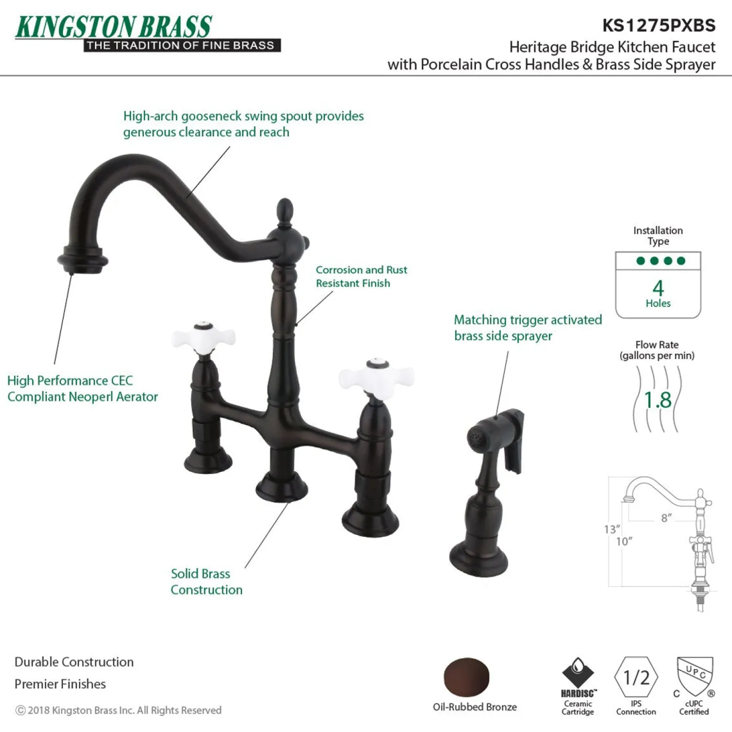 New Heritage Deck Mount 8" Bridge Kitchen Faucet with Brass Sprayer Bridge Faucets
