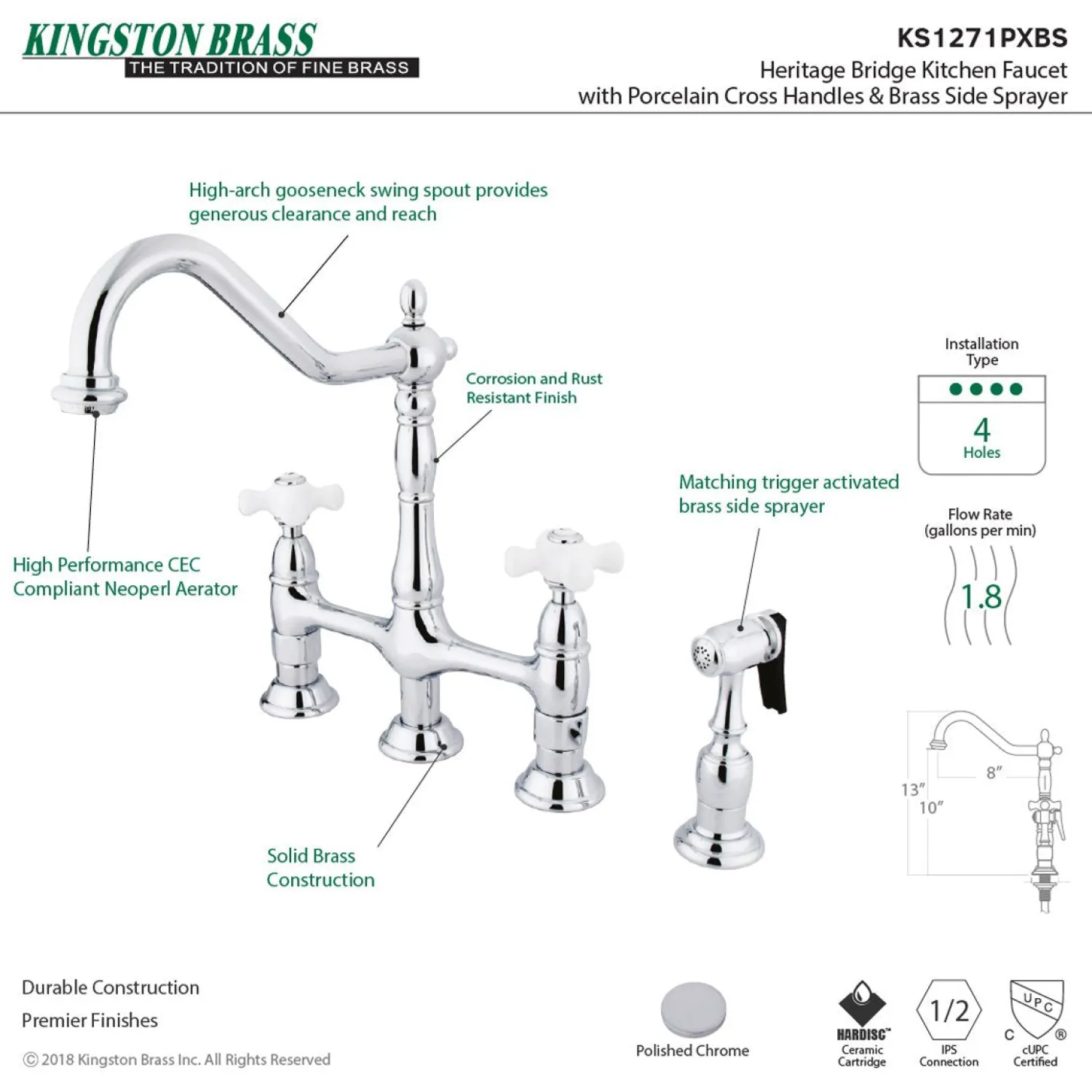 New Heritage Deck Mount 8" Bridge Kitchen Faucet with Brass Sprayer Bridge Faucets