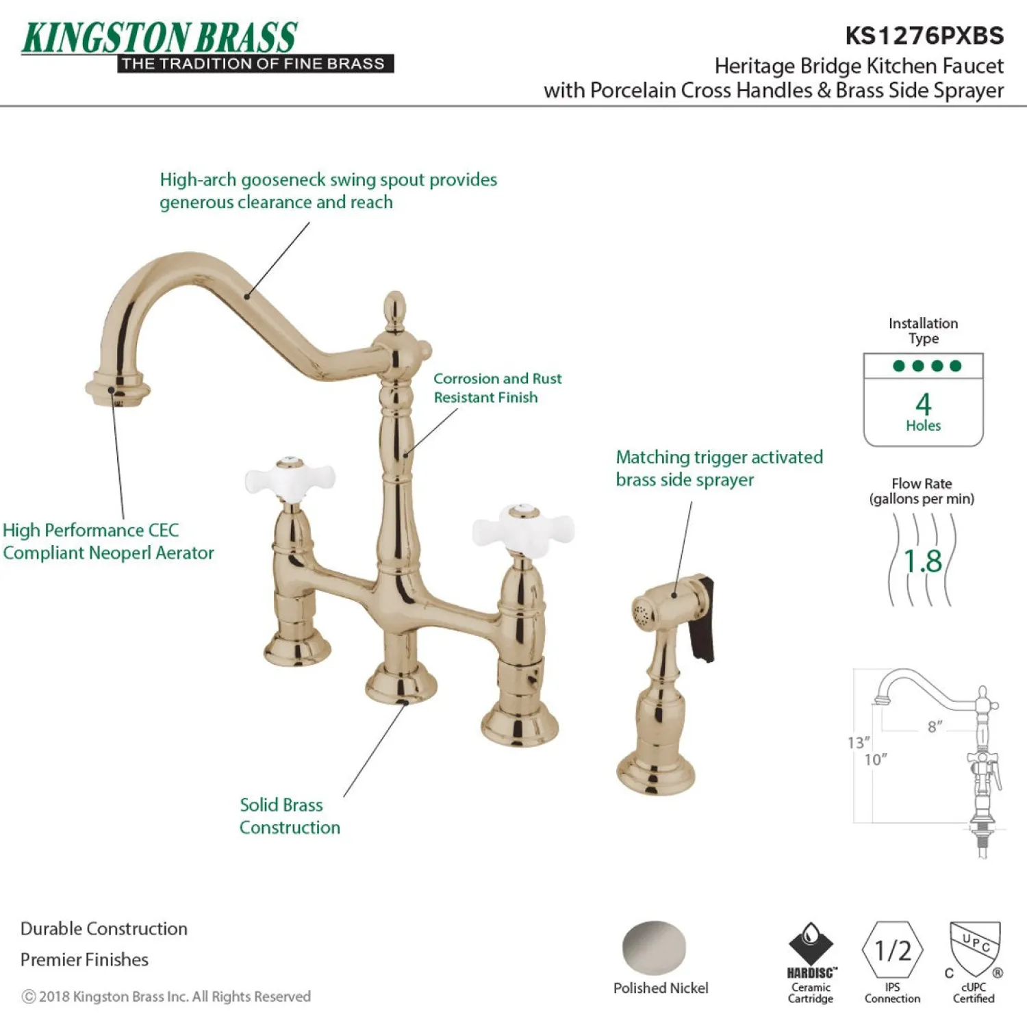 New Heritage Deck Mount 8" Bridge Kitchen Faucet with Brass Sprayer Bridge Faucets