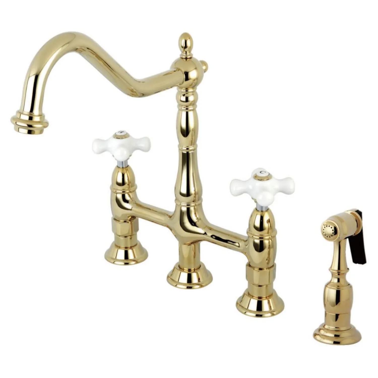 New Heritage Deck Mount 8" Bridge Kitchen Faucet with Brass Sprayer Bridge Faucets