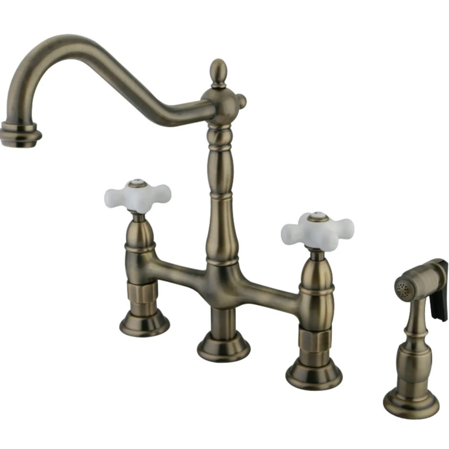 New Heritage Deck Mount 8" Bridge Kitchen Faucet with Brass Sprayer Bridge Faucets