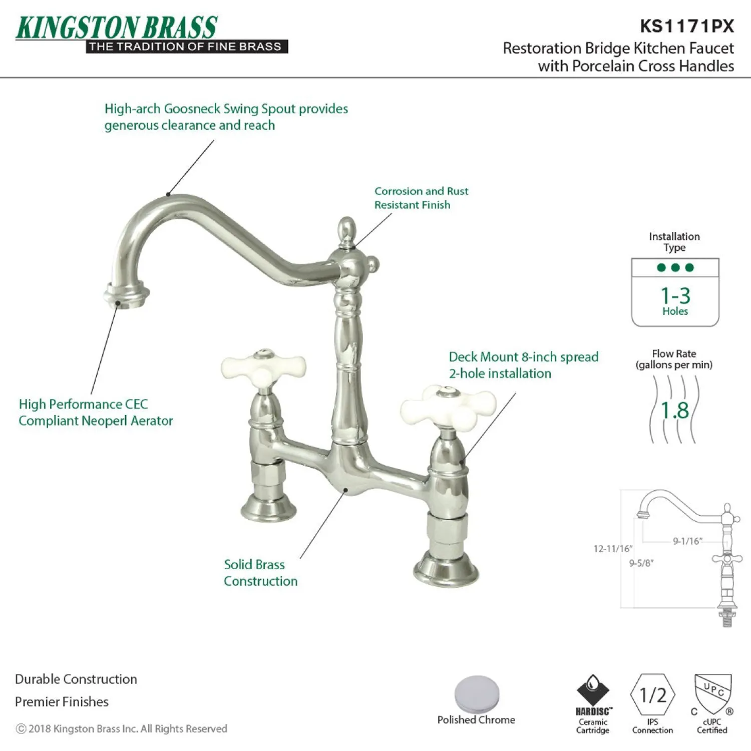 New Heritage Deck Mount 2-Hole Kitchen Bridge Faucet Bridge Faucets