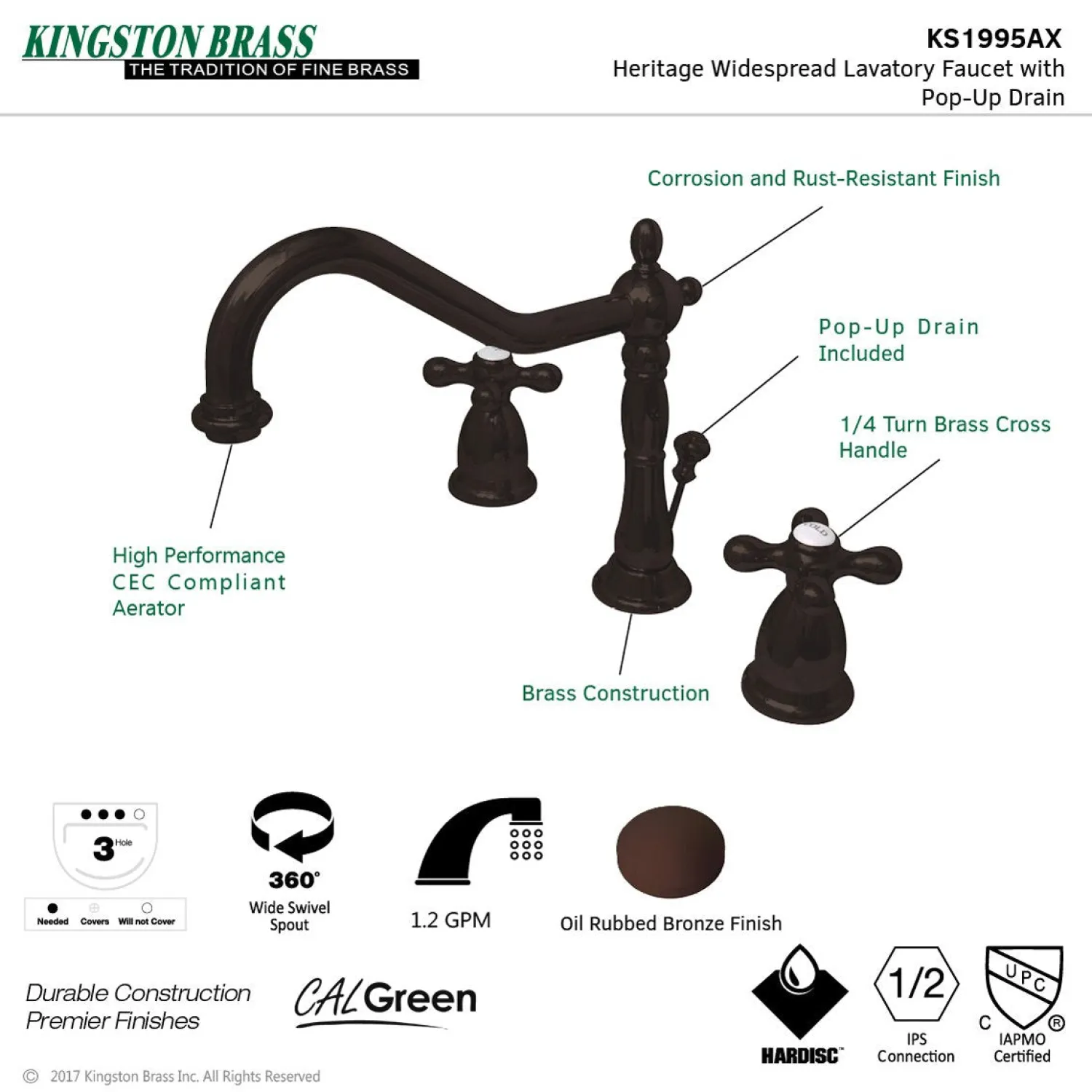 Clearance Heritage Deck Mount 8-Inch Widespread Bathroom Faucet with Brass Pop-Up 8" Widespread