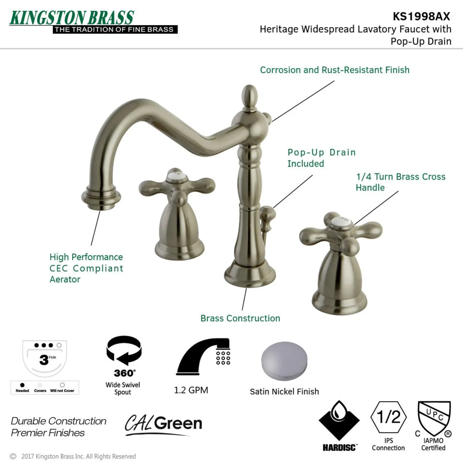 Clearance Heritage Deck Mount 8-Inch Widespread Bathroom Faucet with Brass Pop-Up 8" Widespread