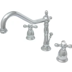 Clearance Heritage Deck Mount 8-Inch Widespread Bathroom Faucet with Brass Pop-Up 8