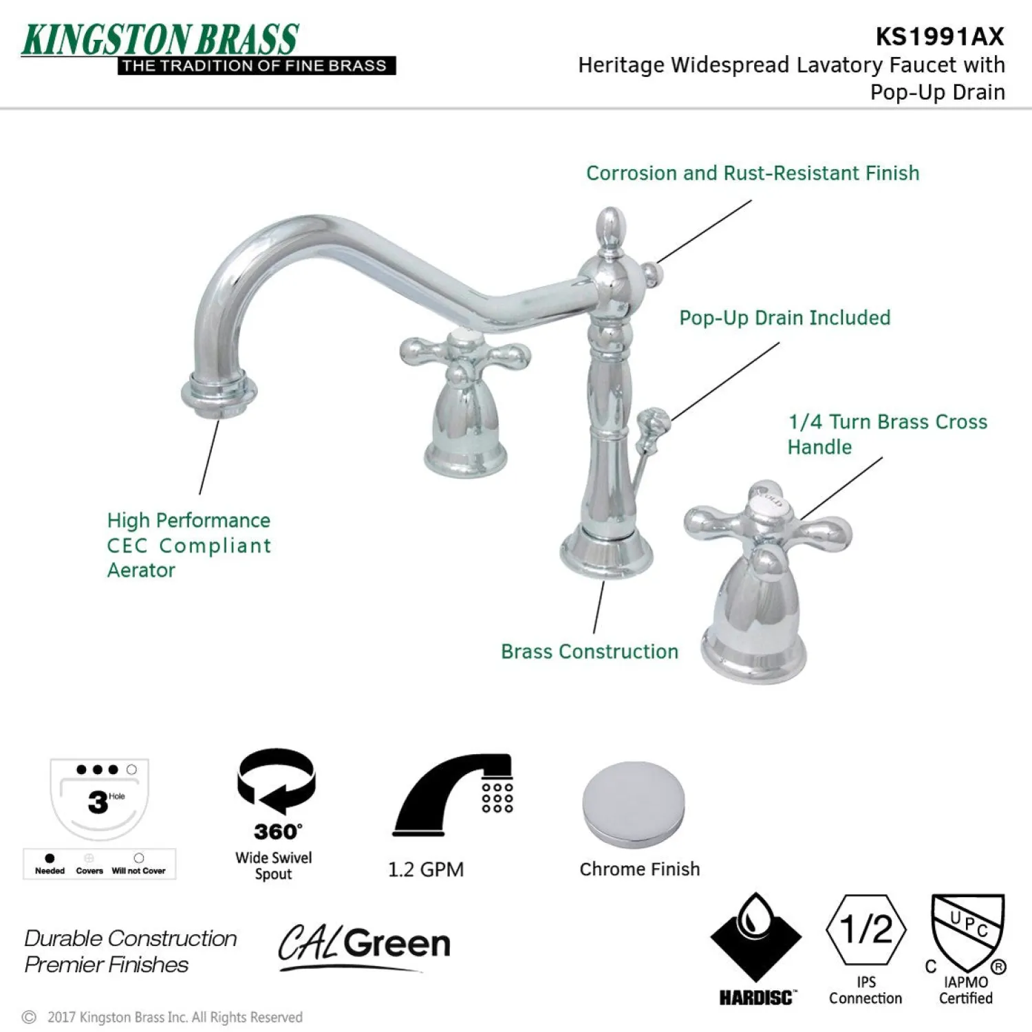 Clearance Heritage Deck Mount 8-Inch Widespread Bathroom Faucet with Brass Pop-Up 8" Widespread
