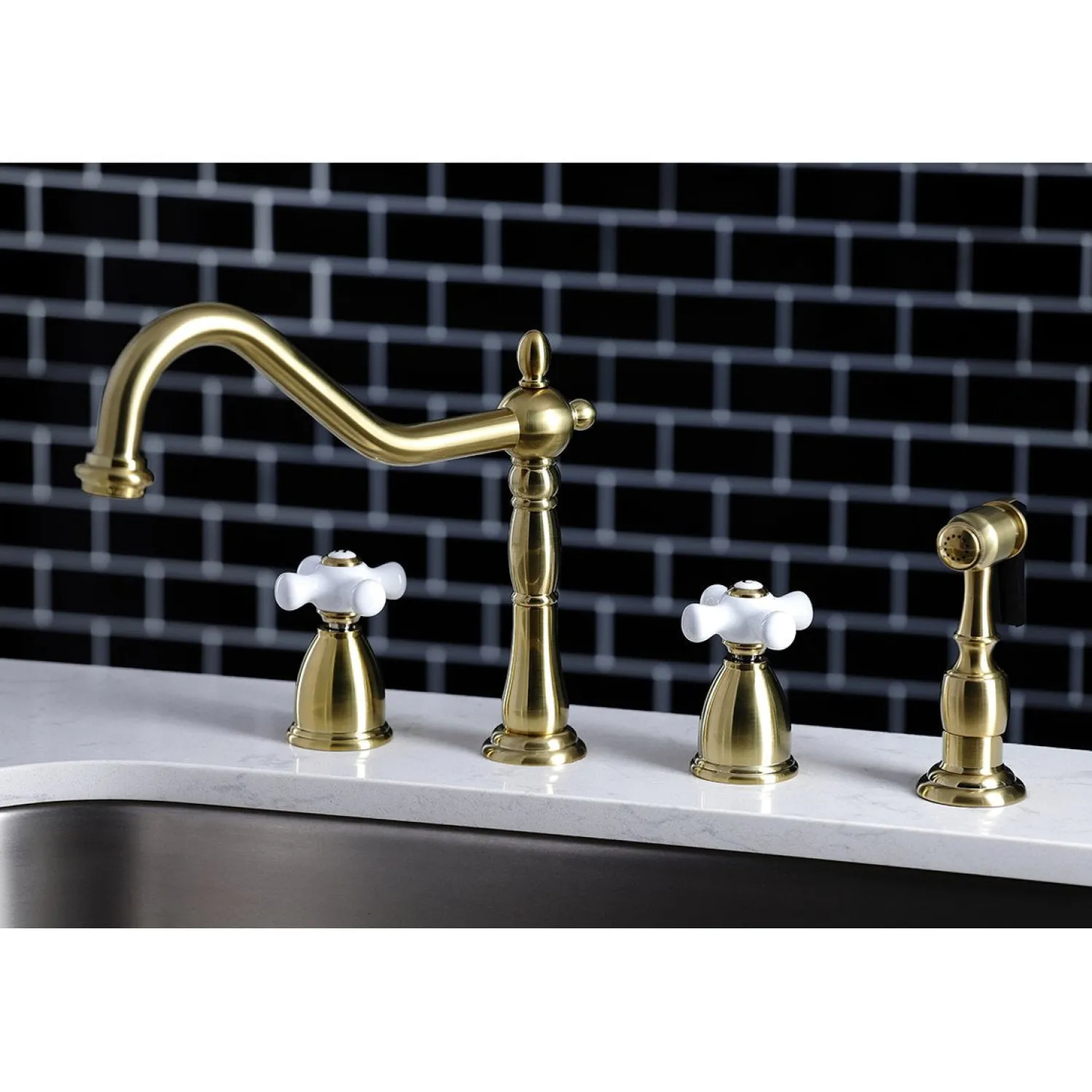 New Heritage 4-Hole Widespread Kitchen Faucet with Brass Sprayer Widespread Kitchen Faucets|Faucets With Side Spray