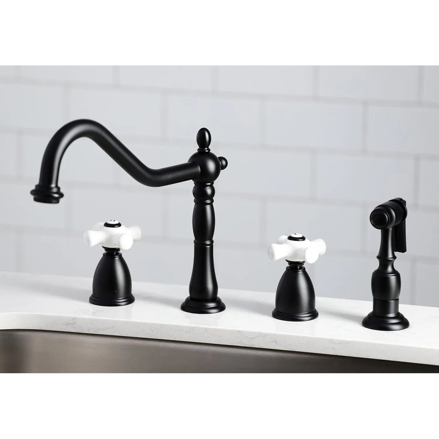 New Heritage 4-Hole Widespread Kitchen Faucet with Brass Sprayer Widespread Kitchen Faucets|Faucets With Side Spray