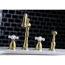 New Heritage 4-Hole Widespread Kitchen Faucet with Brass Sprayer Widespread Kitchen Faucets|Faucets With Side Spray