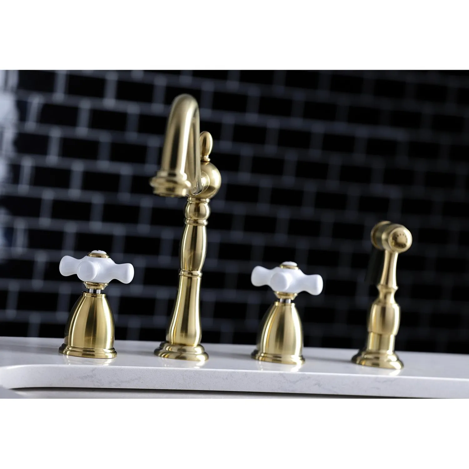 New Heritage 4-Hole Widespread Kitchen Faucet with Brass Sprayer Widespread Kitchen Faucets|Faucets With Side Spray