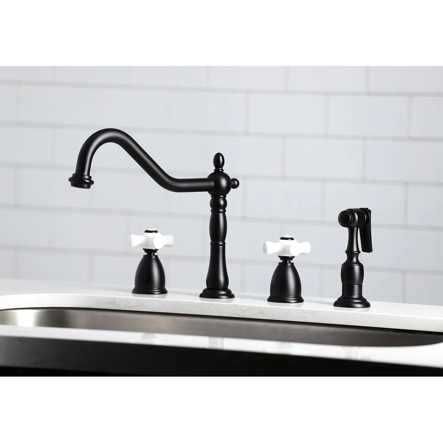 New Heritage 4-Hole Widespread Kitchen Faucet with Brass Sprayer Widespread Kitchen Faucets|Faucets With Side Spray